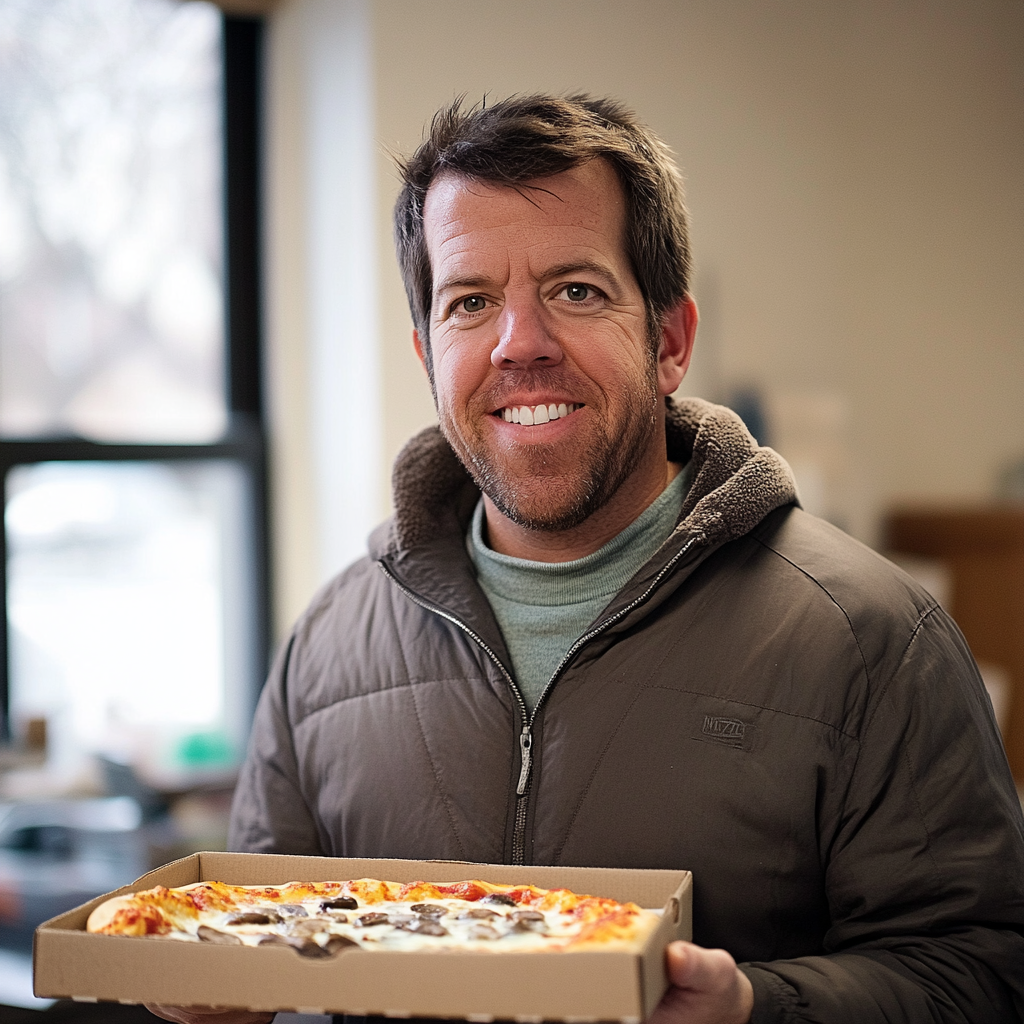 Um homem carregando pizza | Fonte: Midjourney