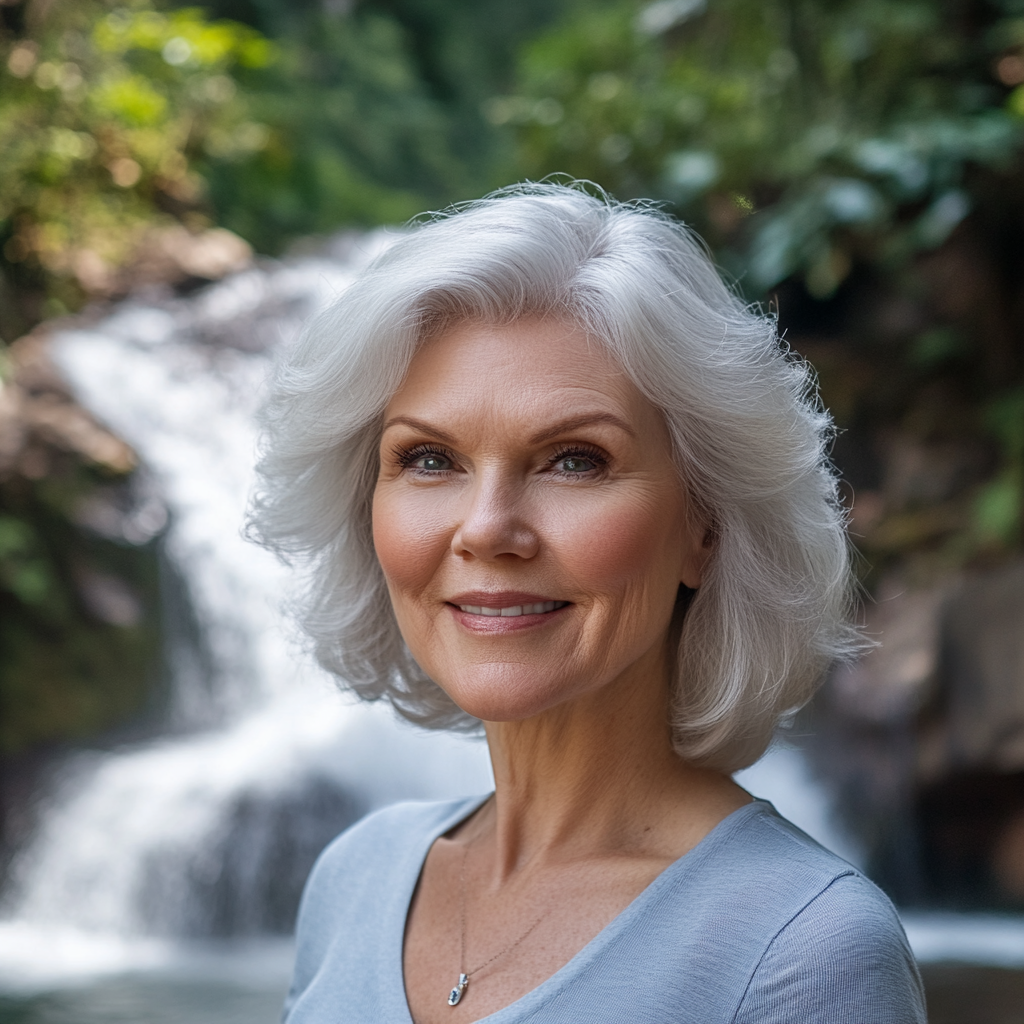 A woman standing near a waterfall | Source: Midjourney