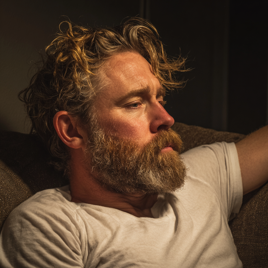 An upset man sitting on a couch | Source: Midjourney