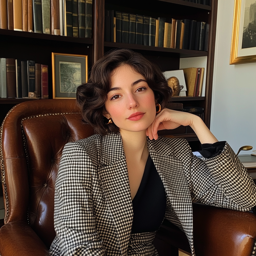 Une jeune femme assise dans un bureau | Source : Midjourney