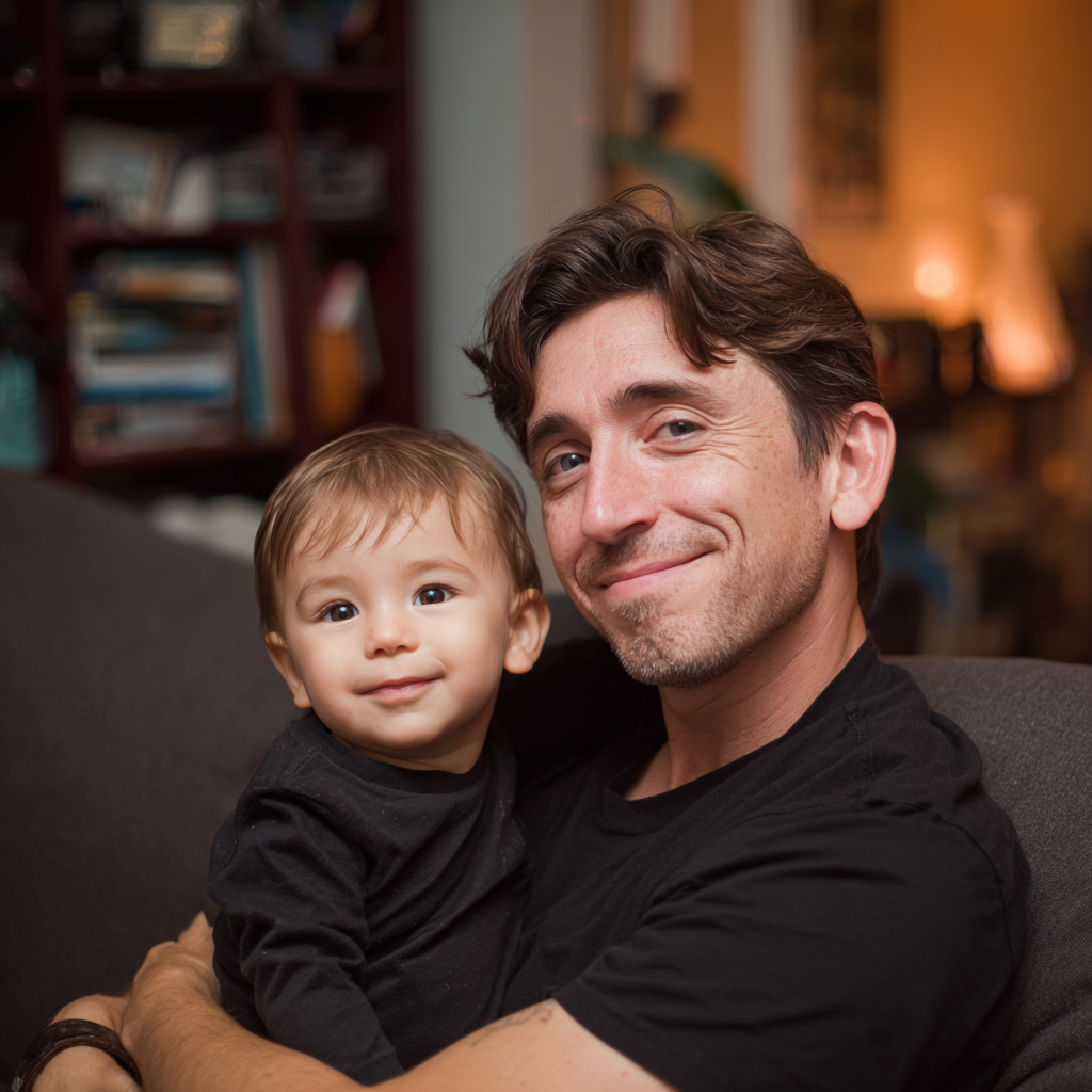 A smiling man holding his son | Source: Midjourney