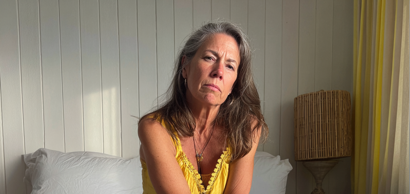 A frowning woman sitting on a bed | Source: Midjourney