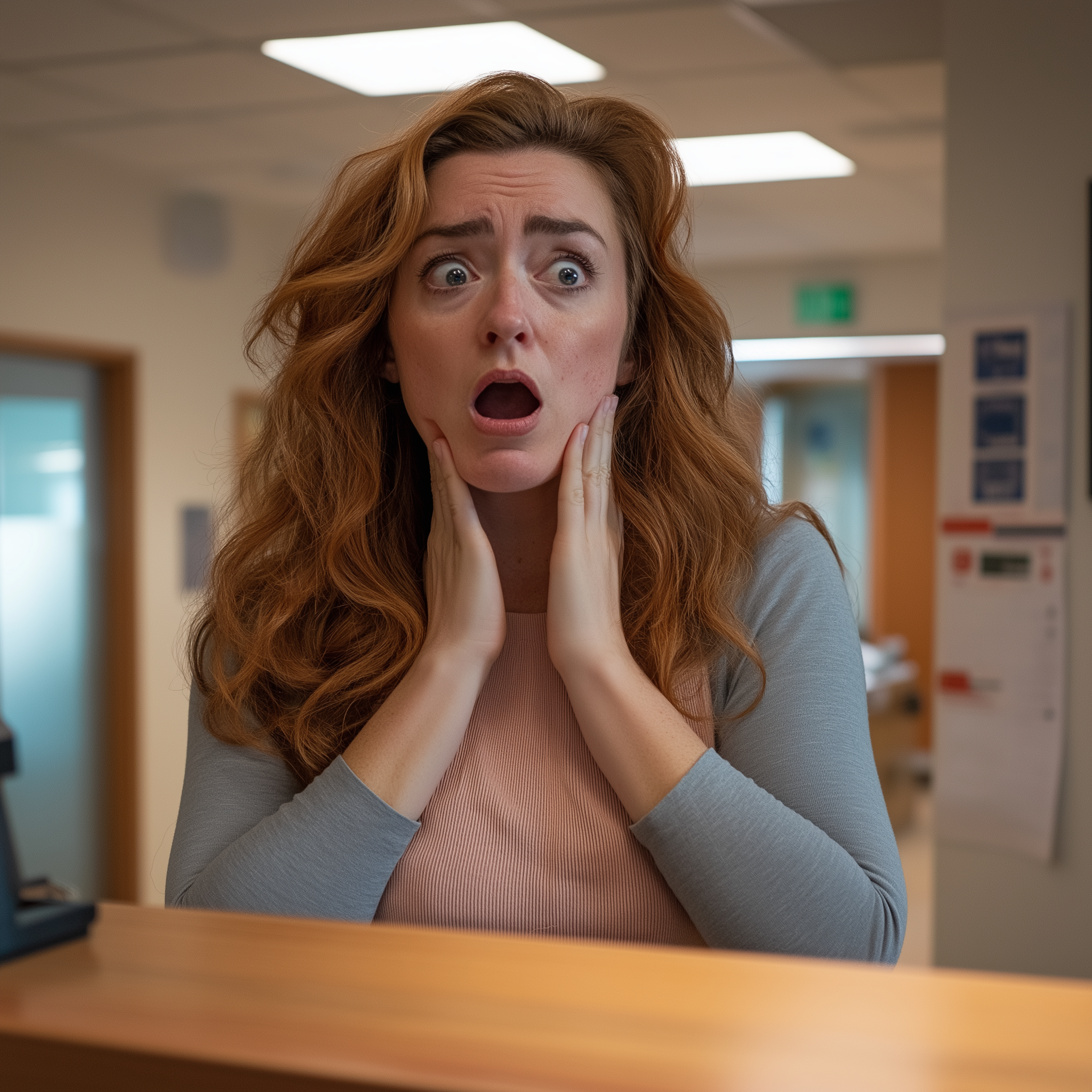 A shocked woman standing next to the reception desk in a hospital | Source: Midjourney