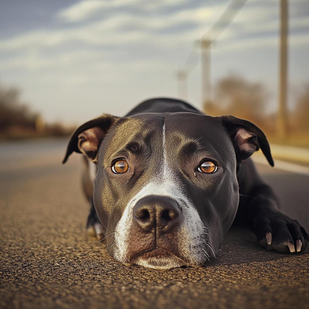 A sad Pitbull lying on the road on a scorching hot day | Source: Midjourney