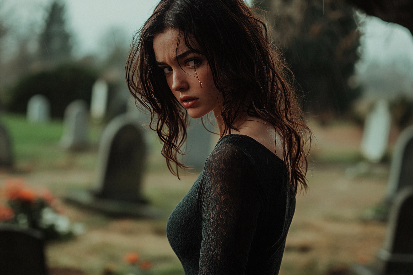 A woman looking sad and distraught in a cemetery | Source: Midjourney