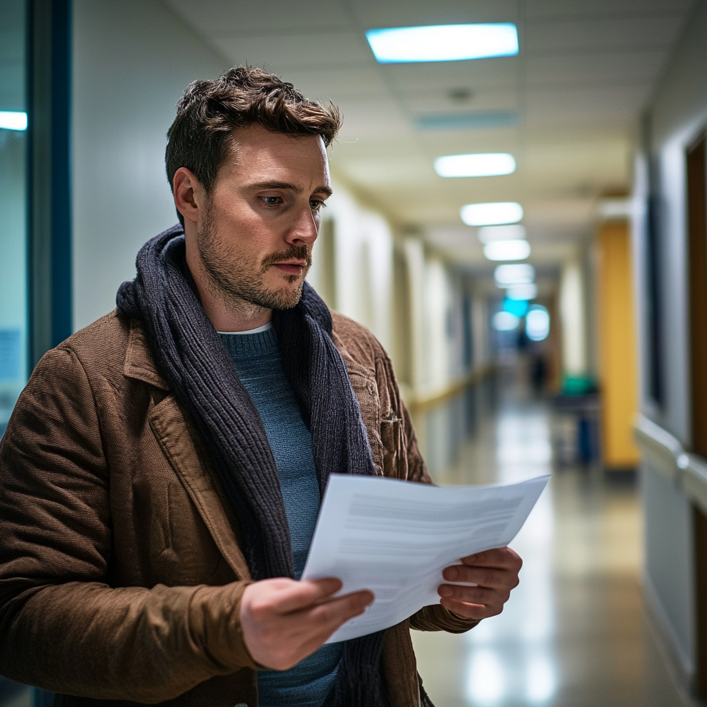 A man standing in a hospital corridor looks at a DNA test report | Source: Midjourney