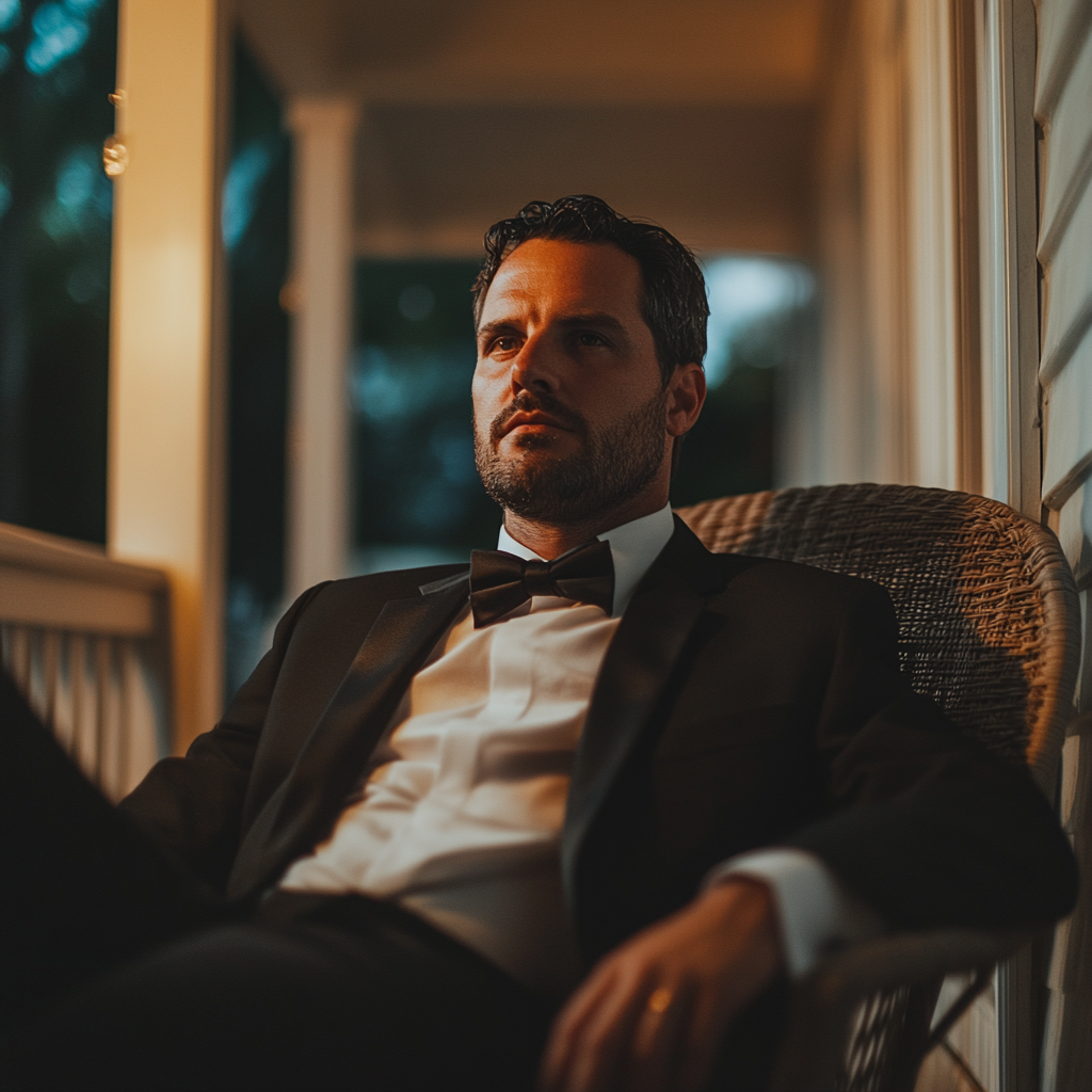 A tired man sitting on his porch | Source: Midjourney