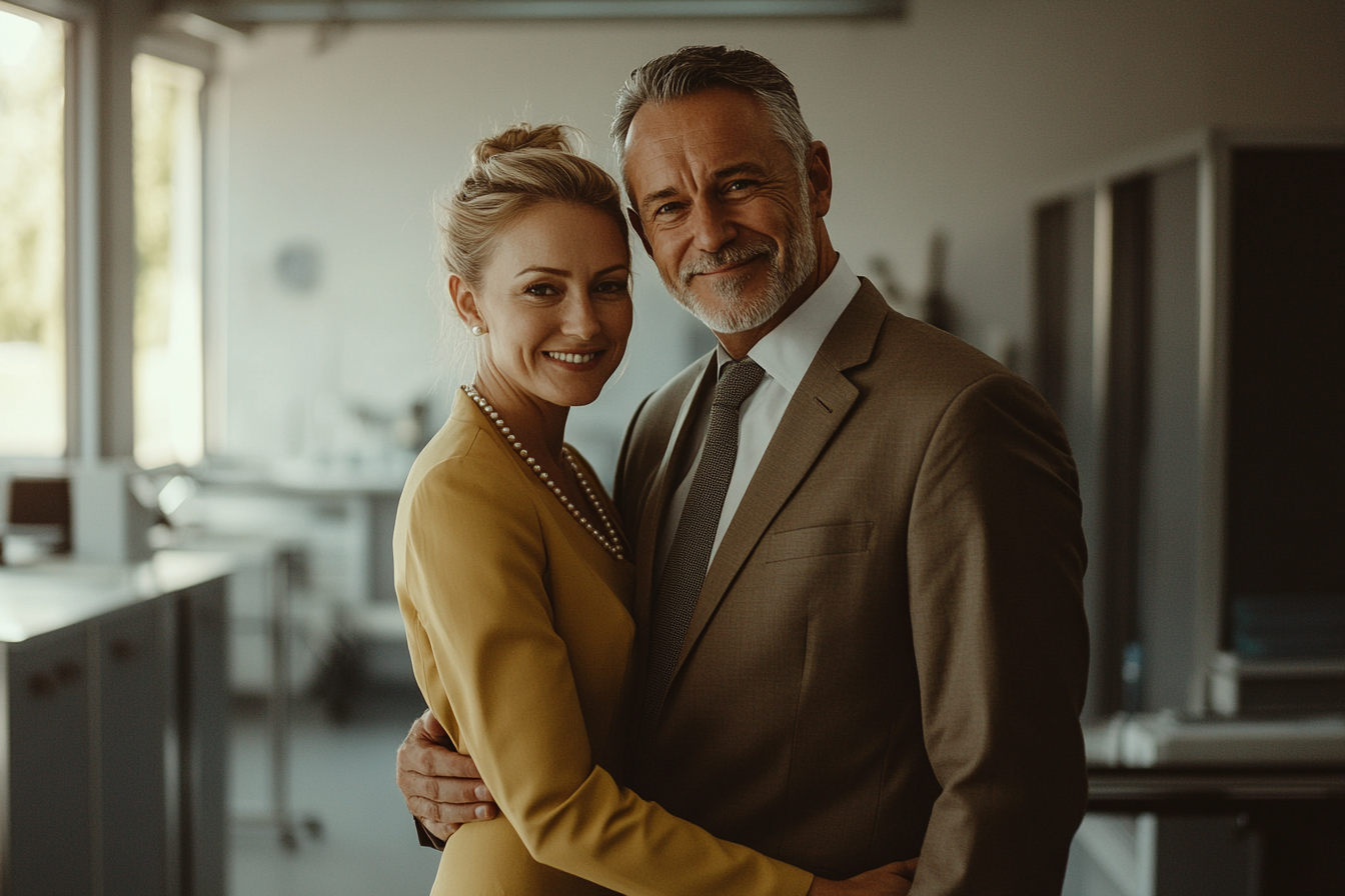 A couple in their 60s hugging, smiling proudly, standing in a veterinary clinic | Source: Midjourney