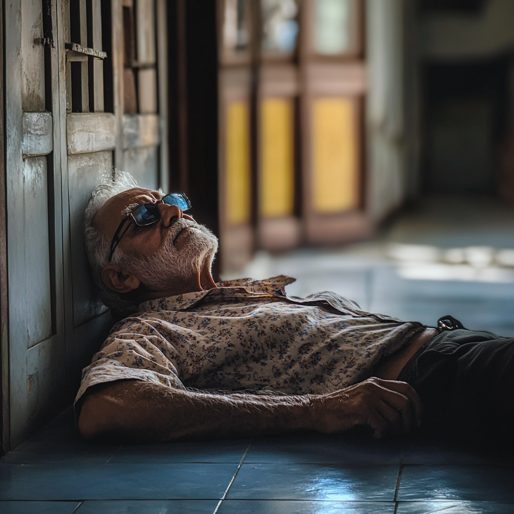 A senior man lying collapsed on the floor | Source: Midjourney