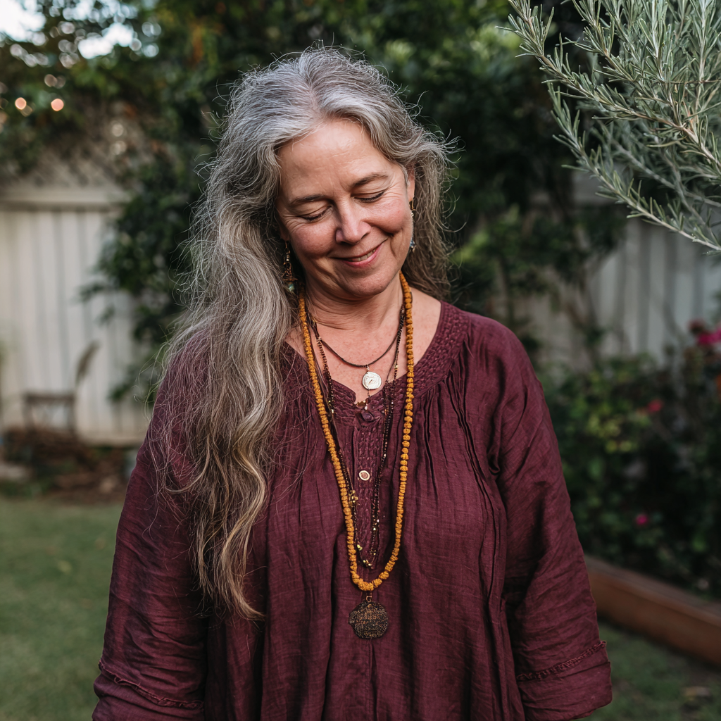 A smiling woman standing in a backyard with her eyes closed | Source: Midjourney