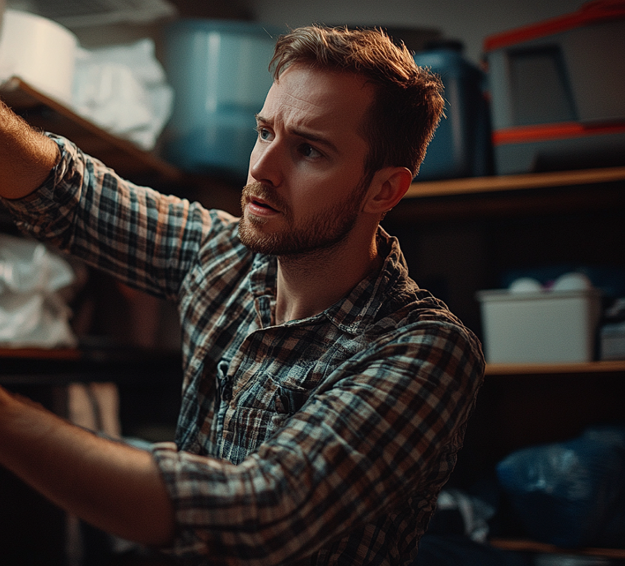 A man searching through boxes stored in a garage | Source: Midjourney