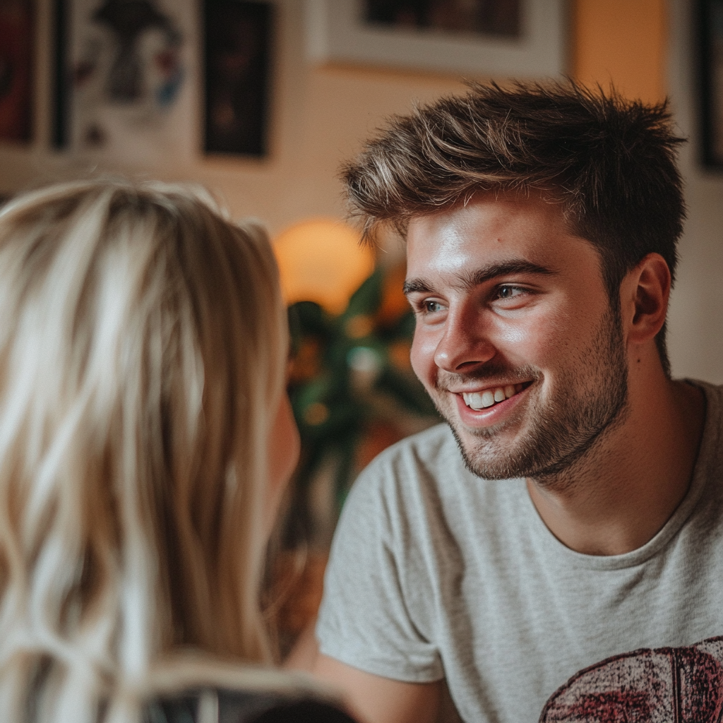 A smiling man talking to his wife | Source: Midjourney