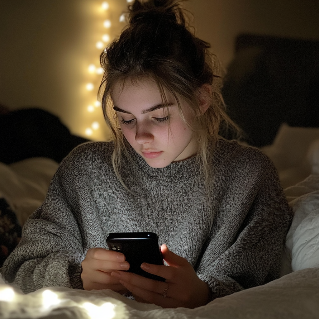 A woman looking through her husband's phone at night | Source: Midjourney