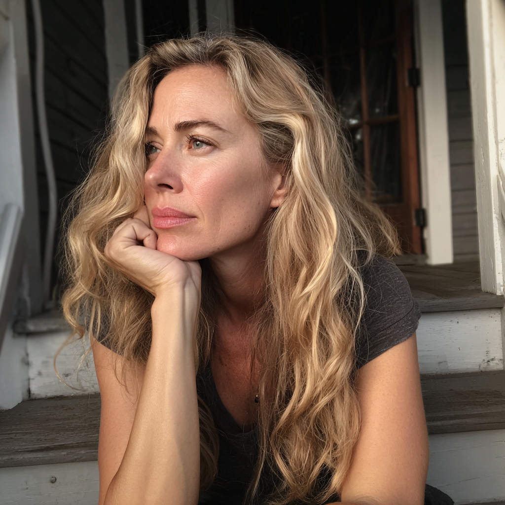 A woman sitting on a porch step | Source: Midjourney