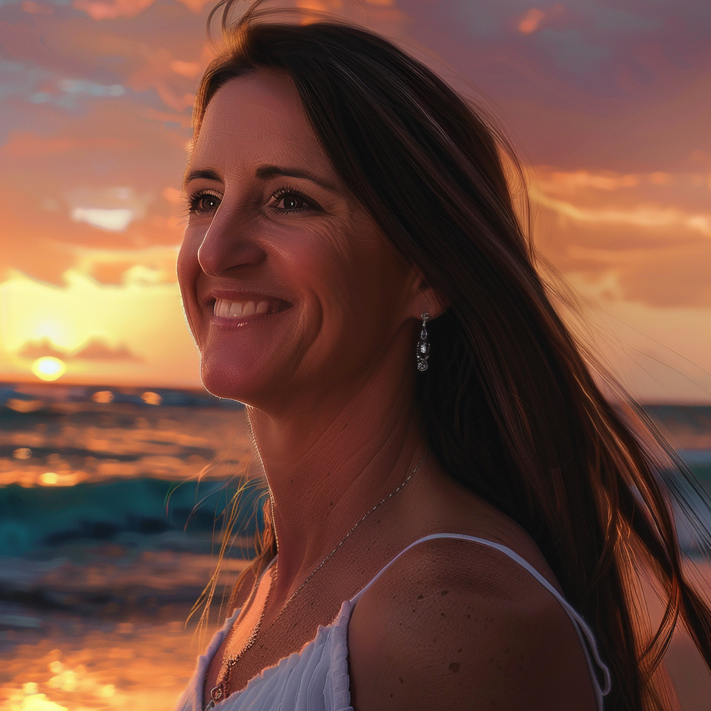 Close-up view of a happy woman smiling on the beach | Source: Midjourney