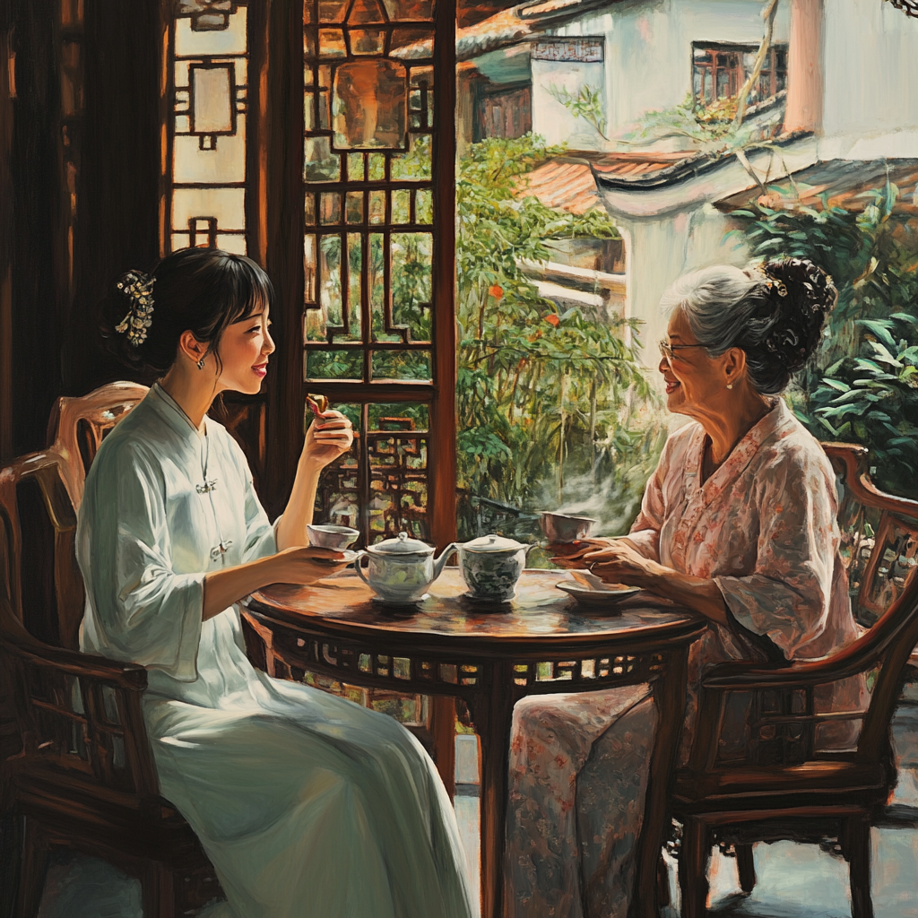 Daughter-in-law and mother-in-law laughing enjoying tea time | Source: Midjourney