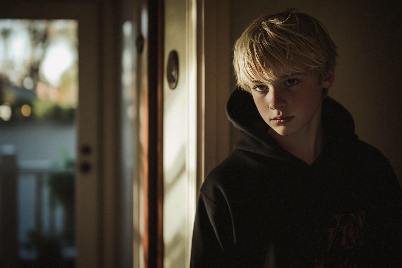 A blonde teenage boy walking outside through a front door | Source: Midjourney