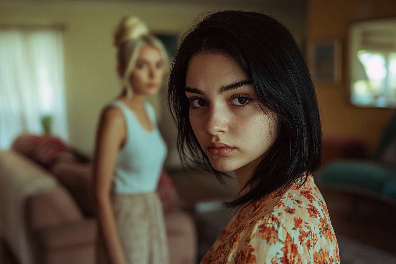 18 year old woman looking sad in a living room with a blonde woman behind her | Source: Midjourney