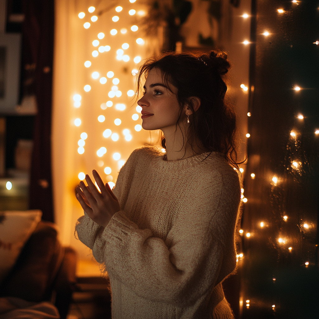 A woman talking in her living room | Source: Midjourney