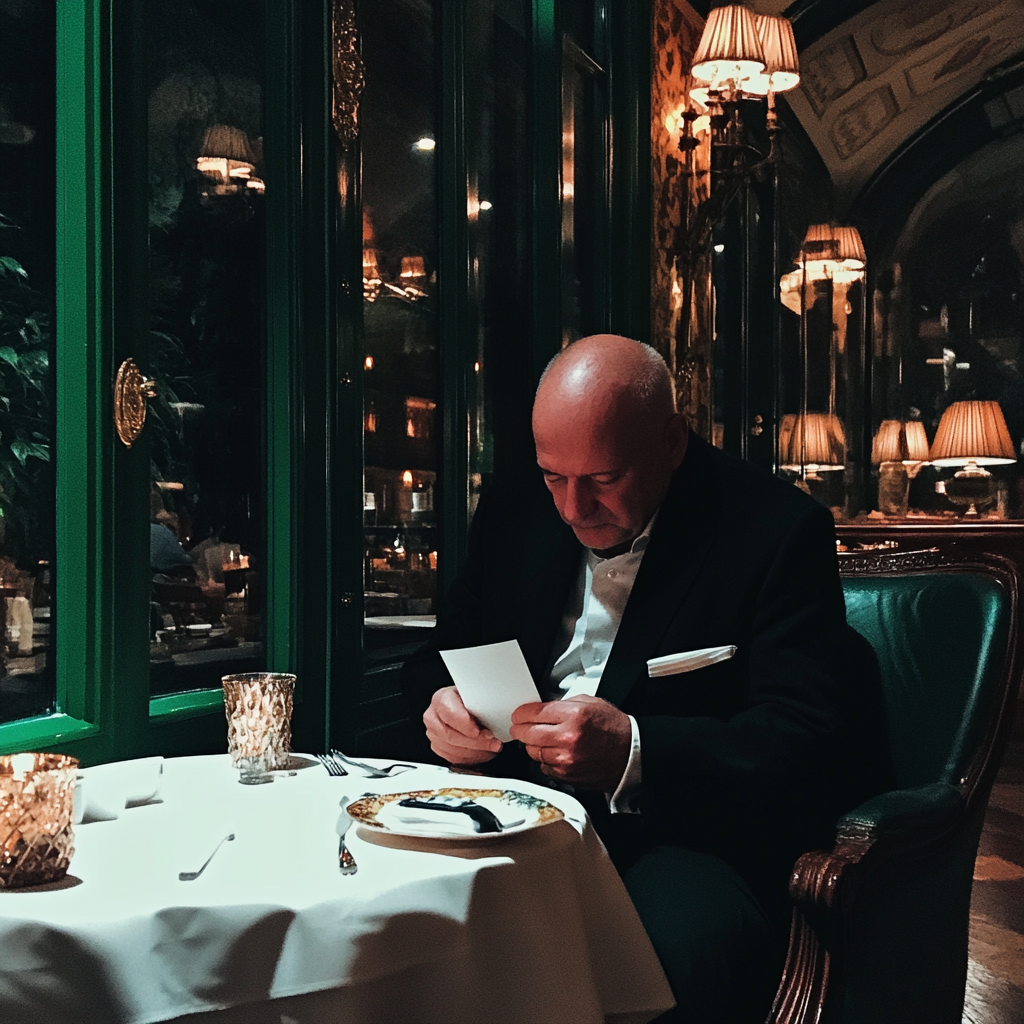 A man sitting in a restaurant holding a piece of paper | Source: Midjourney