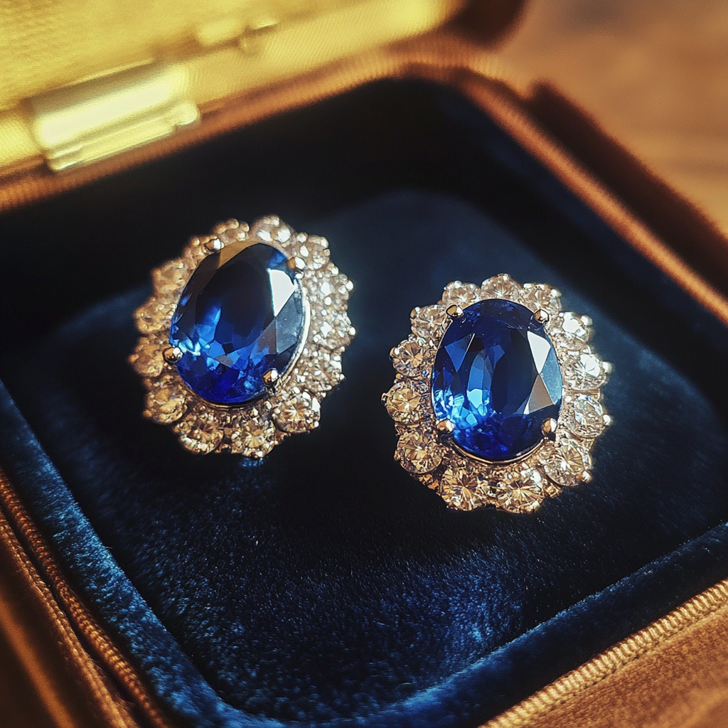 A pair of sapphire earrings in a velvet box | Source: Midjourney
