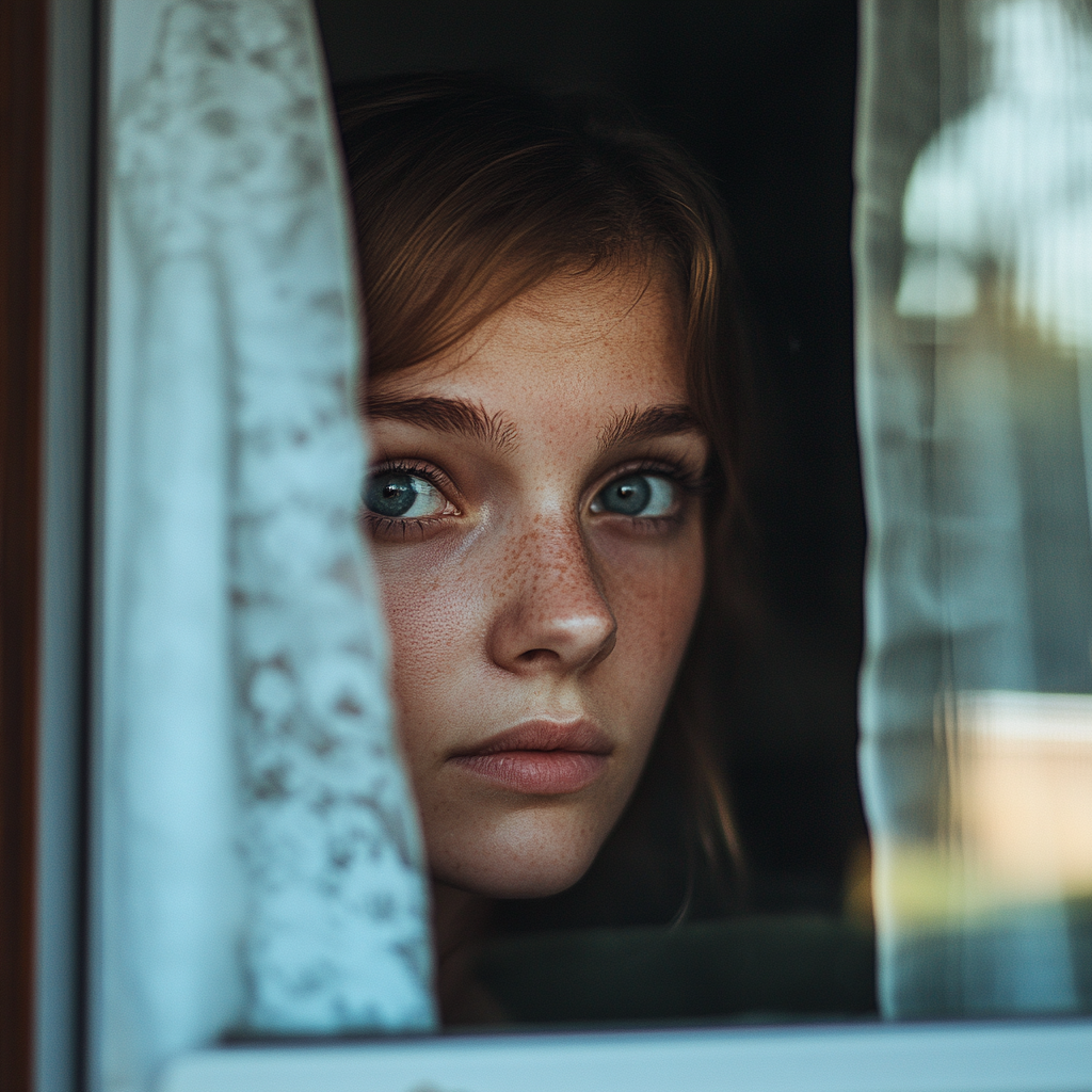 A neighbor peeking out of her window | Source: Midjourney