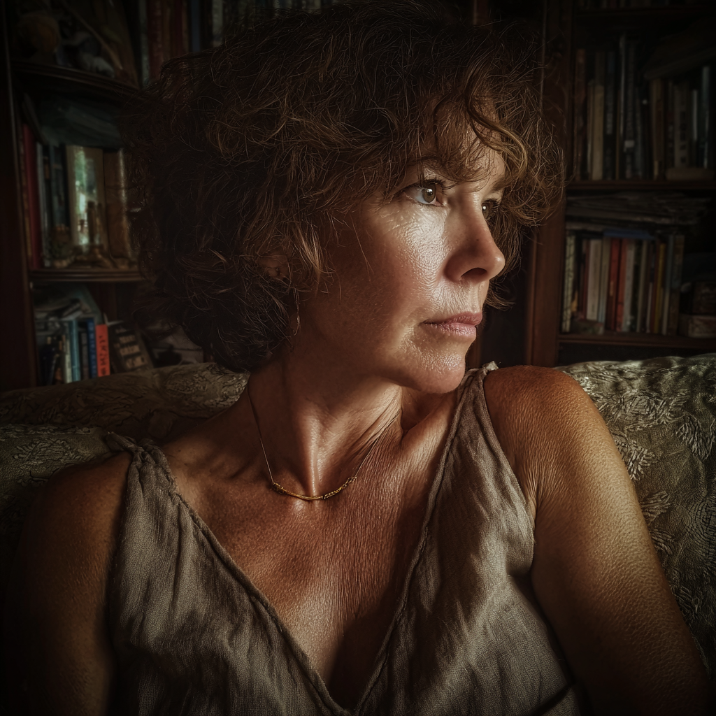 A pensive woman sitting on a couch | Source: Midjourney