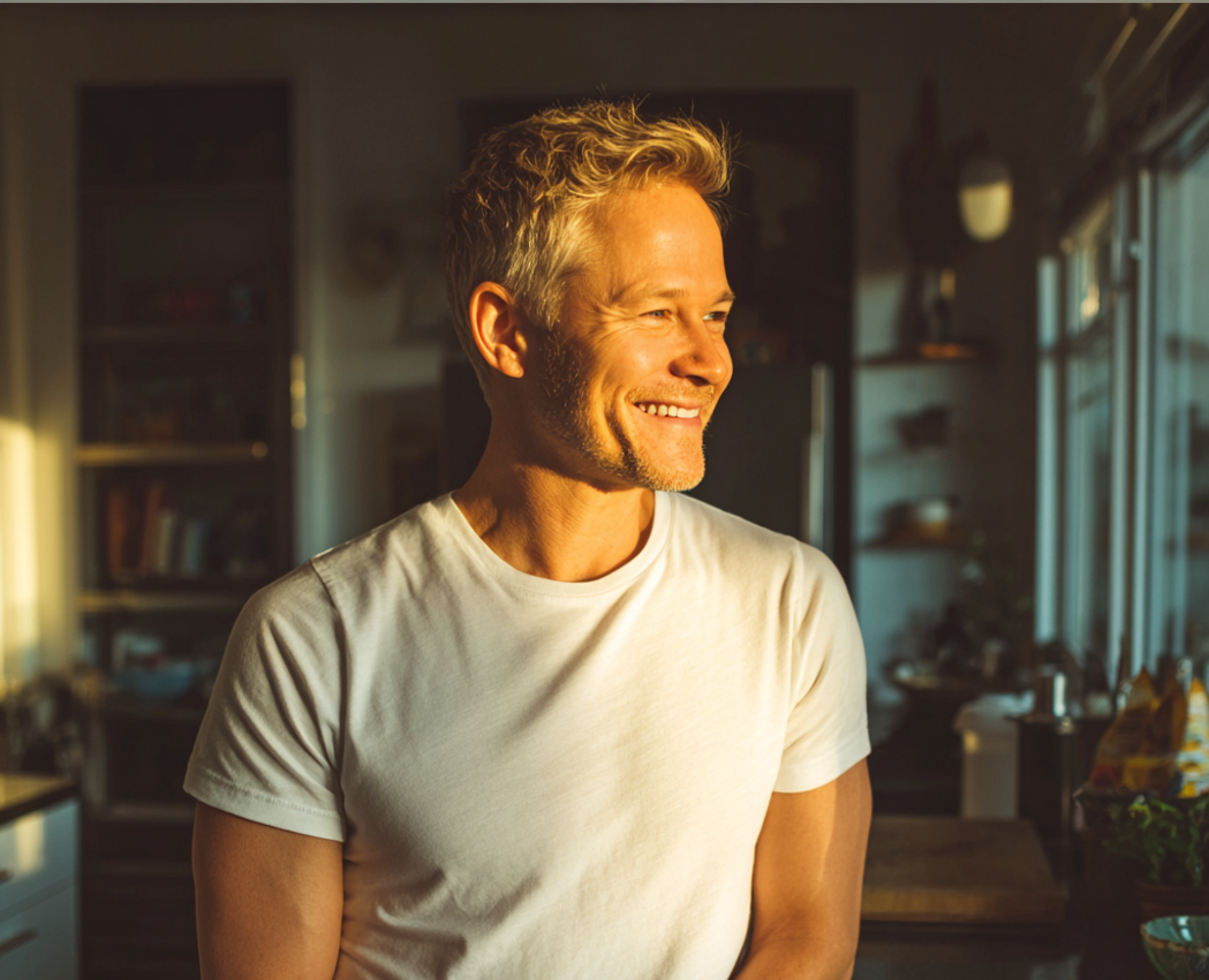 A smiling man standing in a kitchen | Source: Midjourney