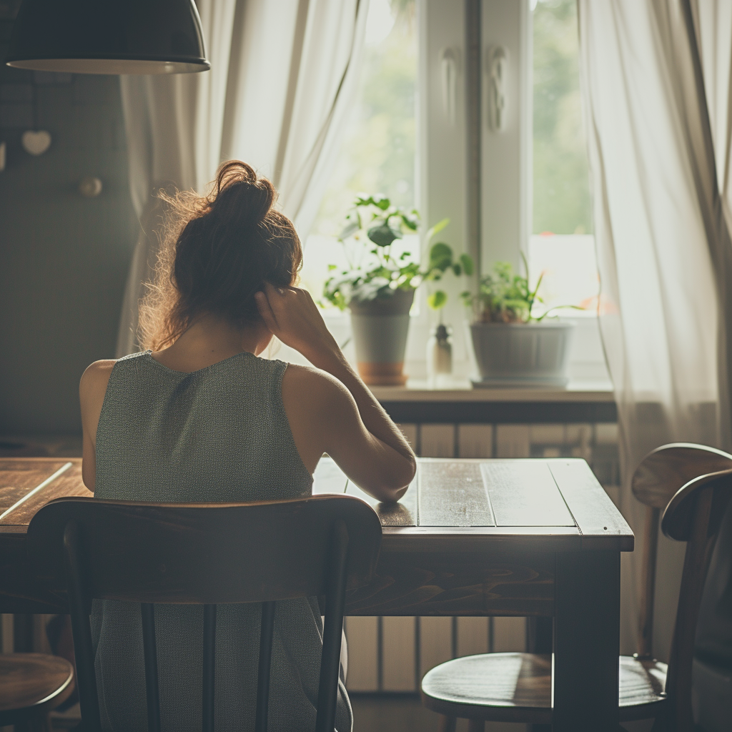 An upset woman sitting at a table | Source: Midjourney