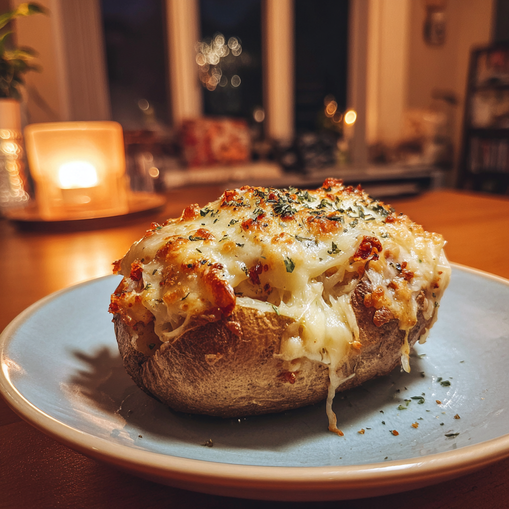 A cheesy baked potato on a table | Source: Midjourney