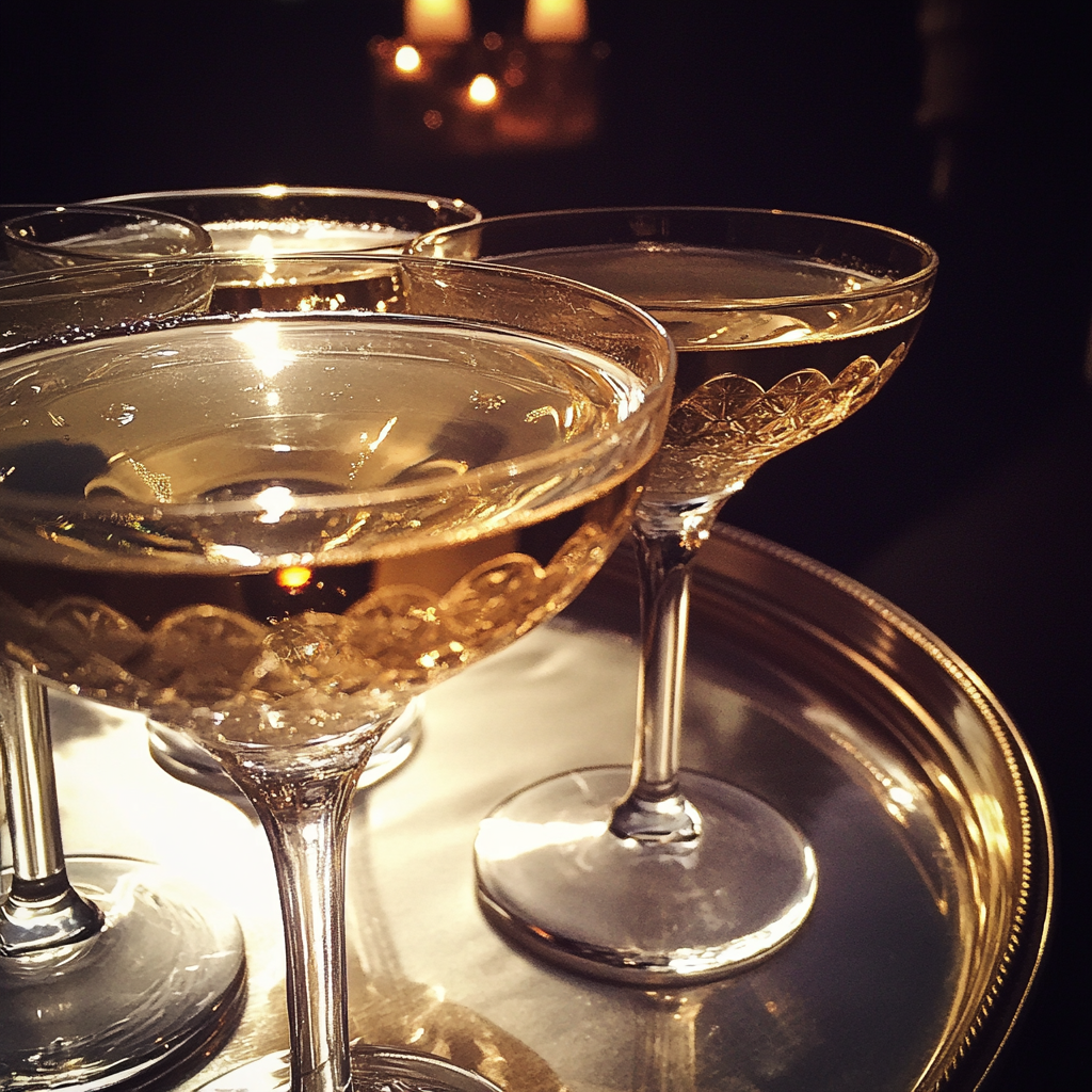 A tray of champagne coupes | Source: Midjourney