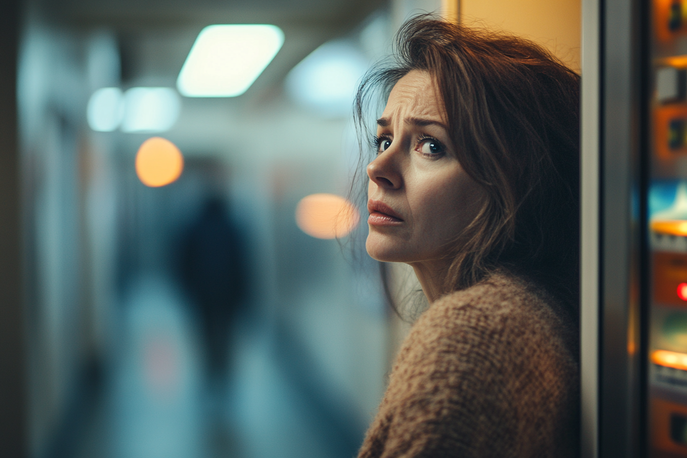 A woman hiding beside a vending machine | Source: Midjourney