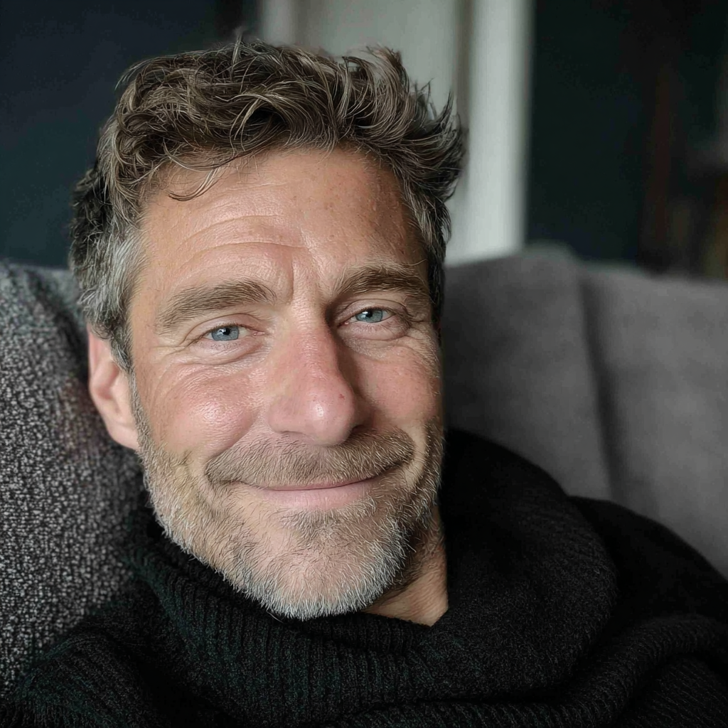 A smiling man sitting on a couch | Source: Midjourney