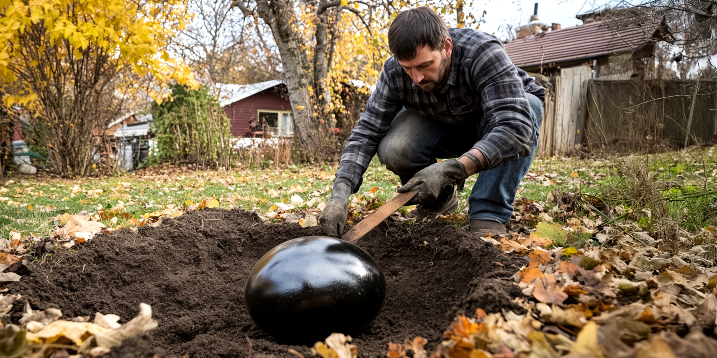 A man burying a large black egg in the backyard | Source: AmoMama