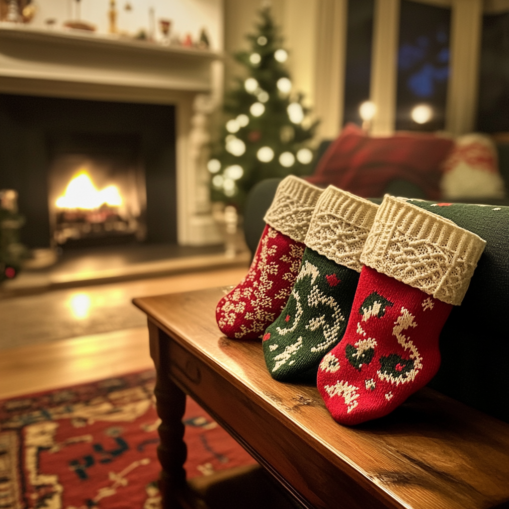 Christmas stockings on a table | Source: Midjourney