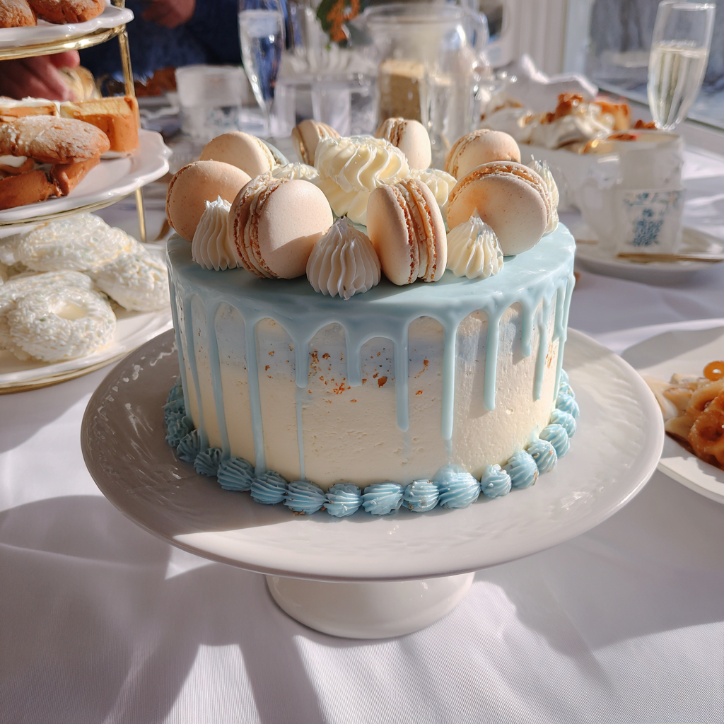 A blue and white cake at a baby shower | Source: Midjourney