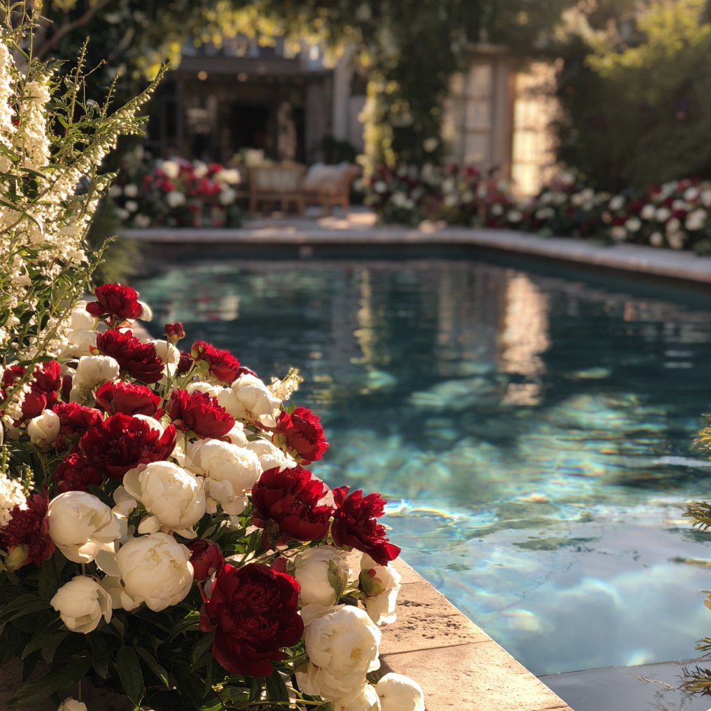 Floral bouquets by a pool | Source: Midjourney