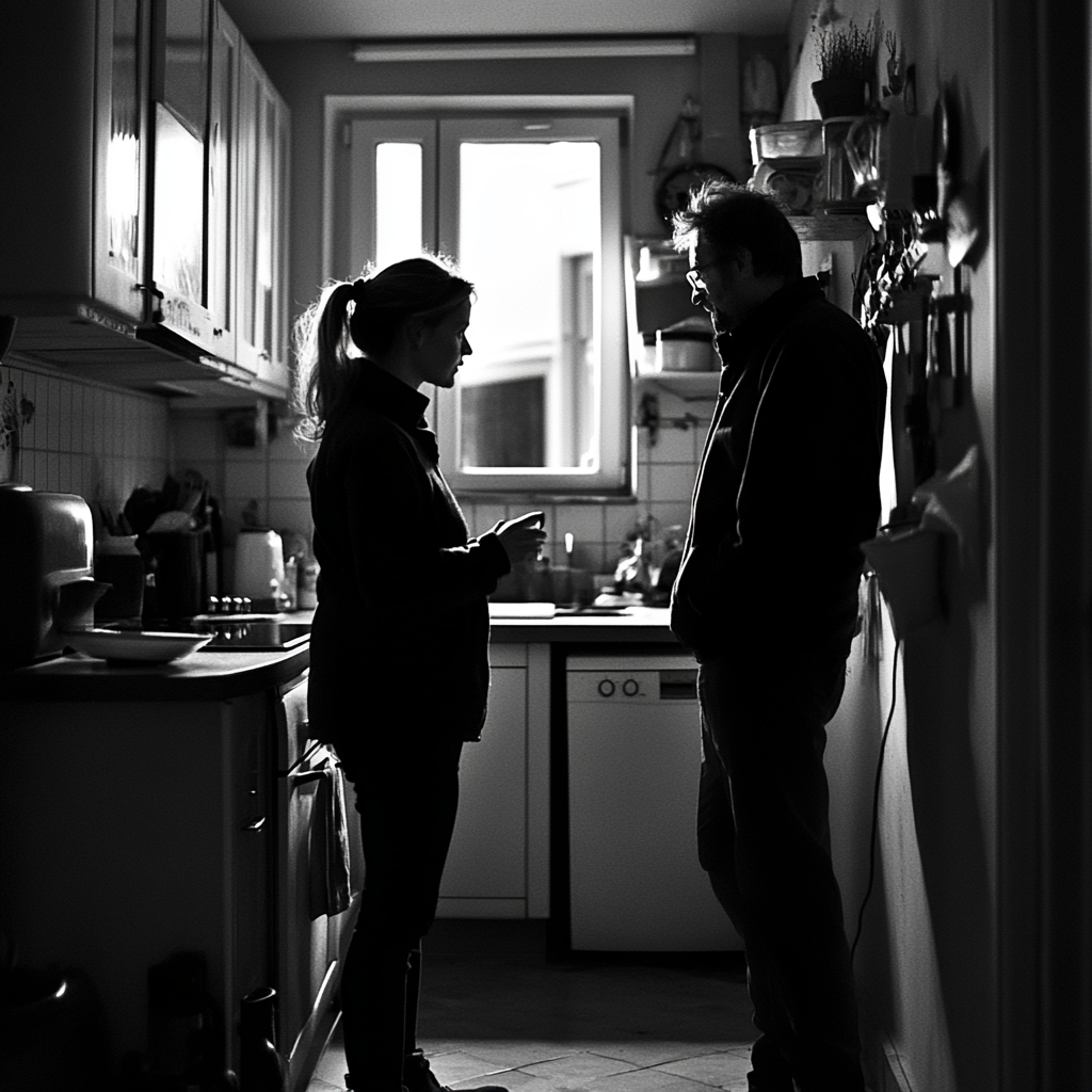 A woman talking to a man in his kitchen | Source: Midjourney