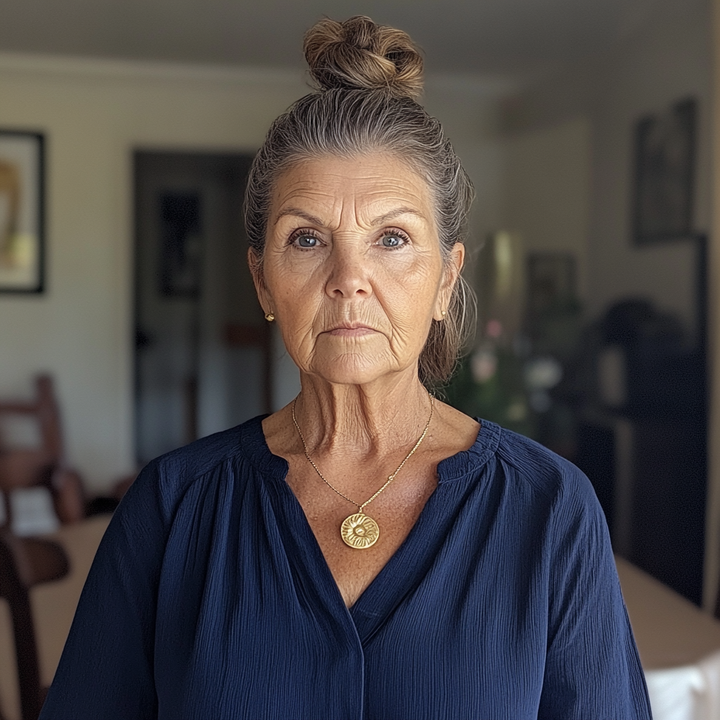 An upset older woman standing in a dining room | Source: Midjourney
