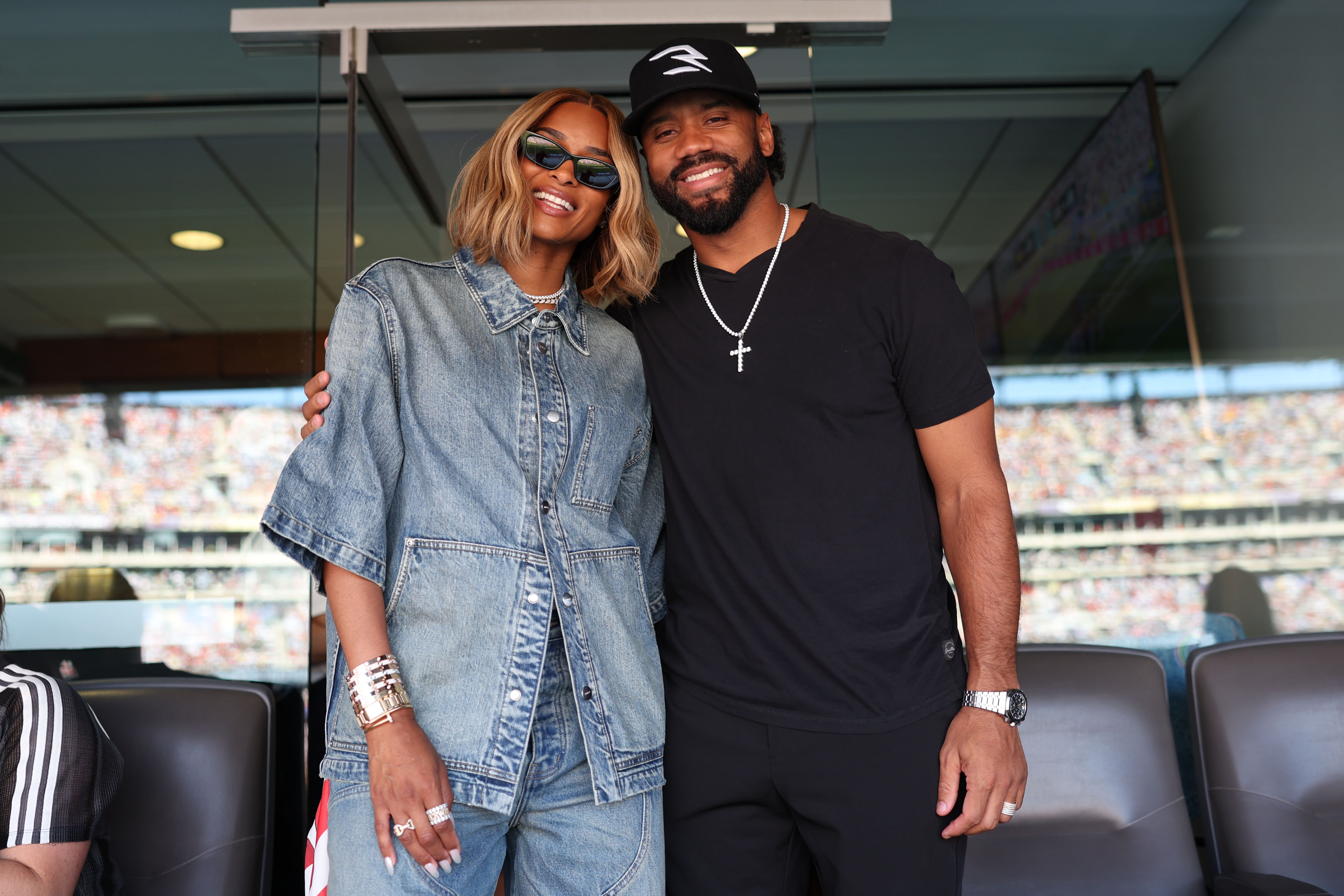 Ciara Wilson and Russell Wilson attend Unilever's Dove VIP box during the FIFA World Cup 2026 Final match between Spain and Argentina at New York New Jersey Stadium on July 19, 2026 in East Rutherford, New Jersey. | Source: Getty Images