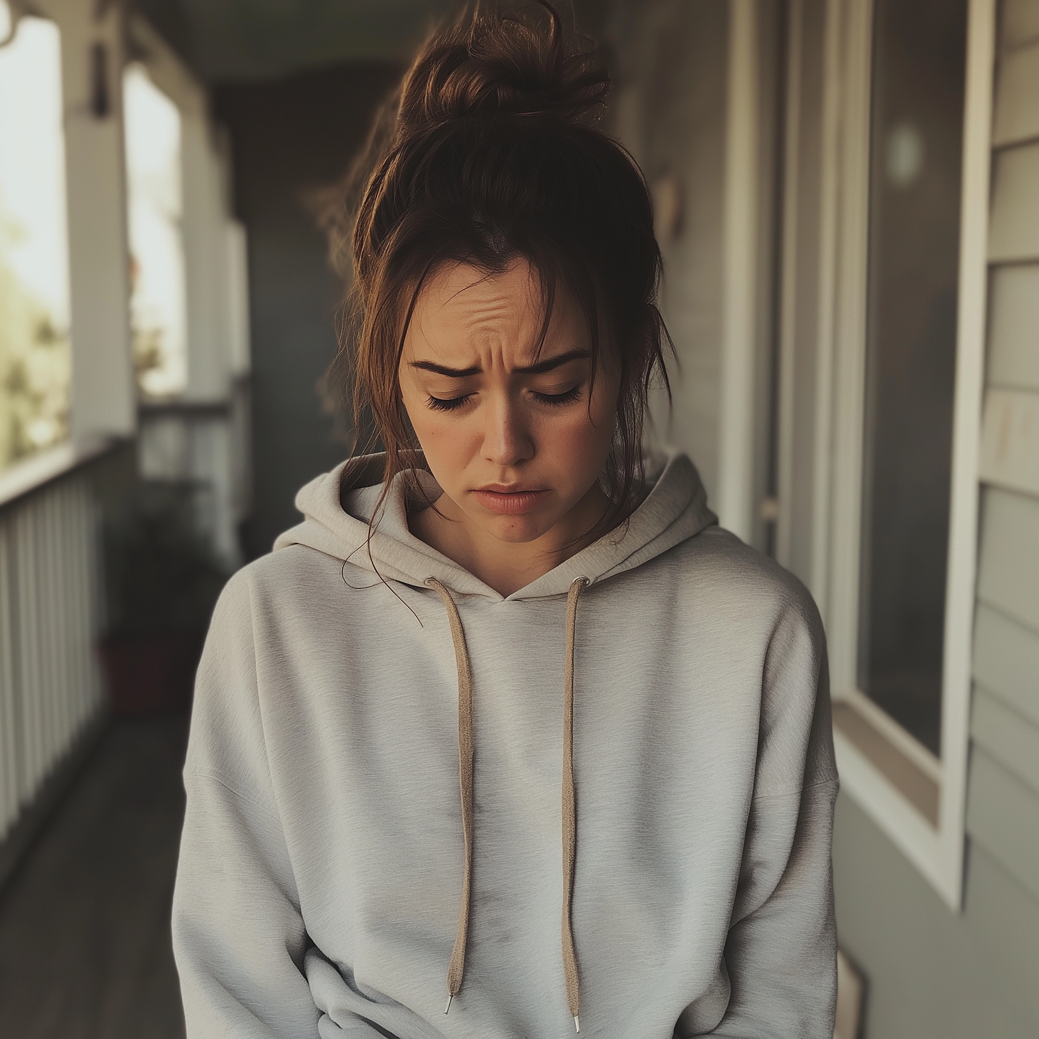 An upset woman standing on a porch | Source: Midjourney