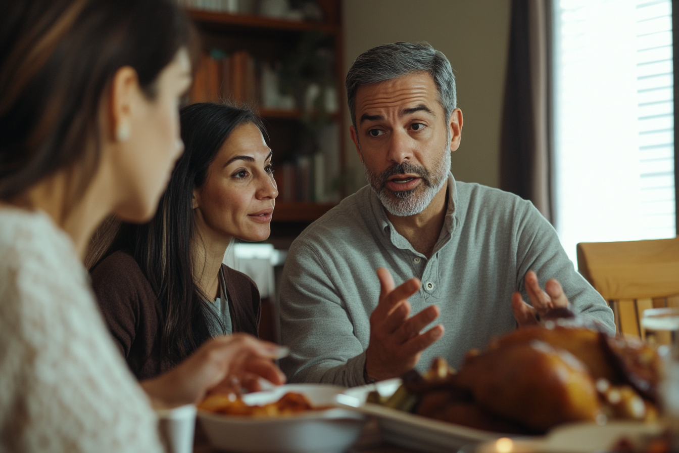 Un hombre nervioso hablando en la mesa | Fuente: Midjourney