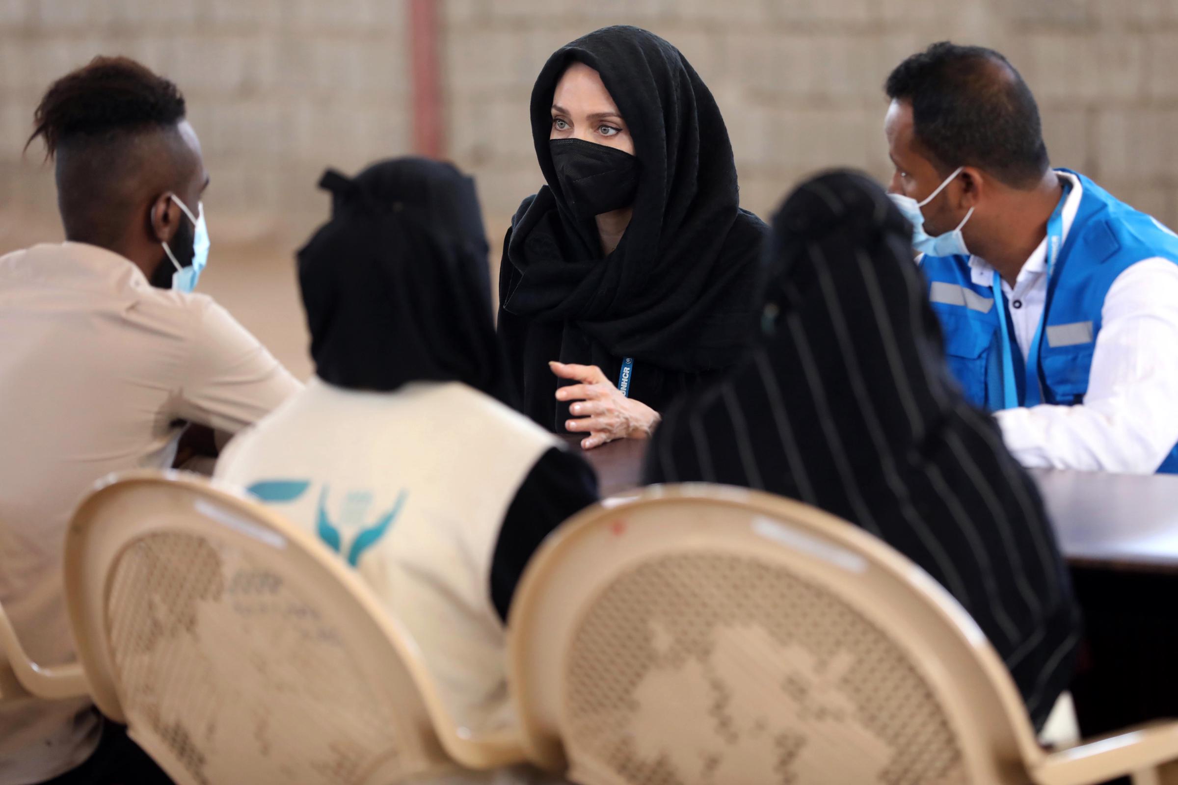 Angelina Jolie meets Somali refugees who fled their homes and found safety in Yemen, on March 6, 2022 in Aden, Lahej, Yemen. | Source: Getty Images