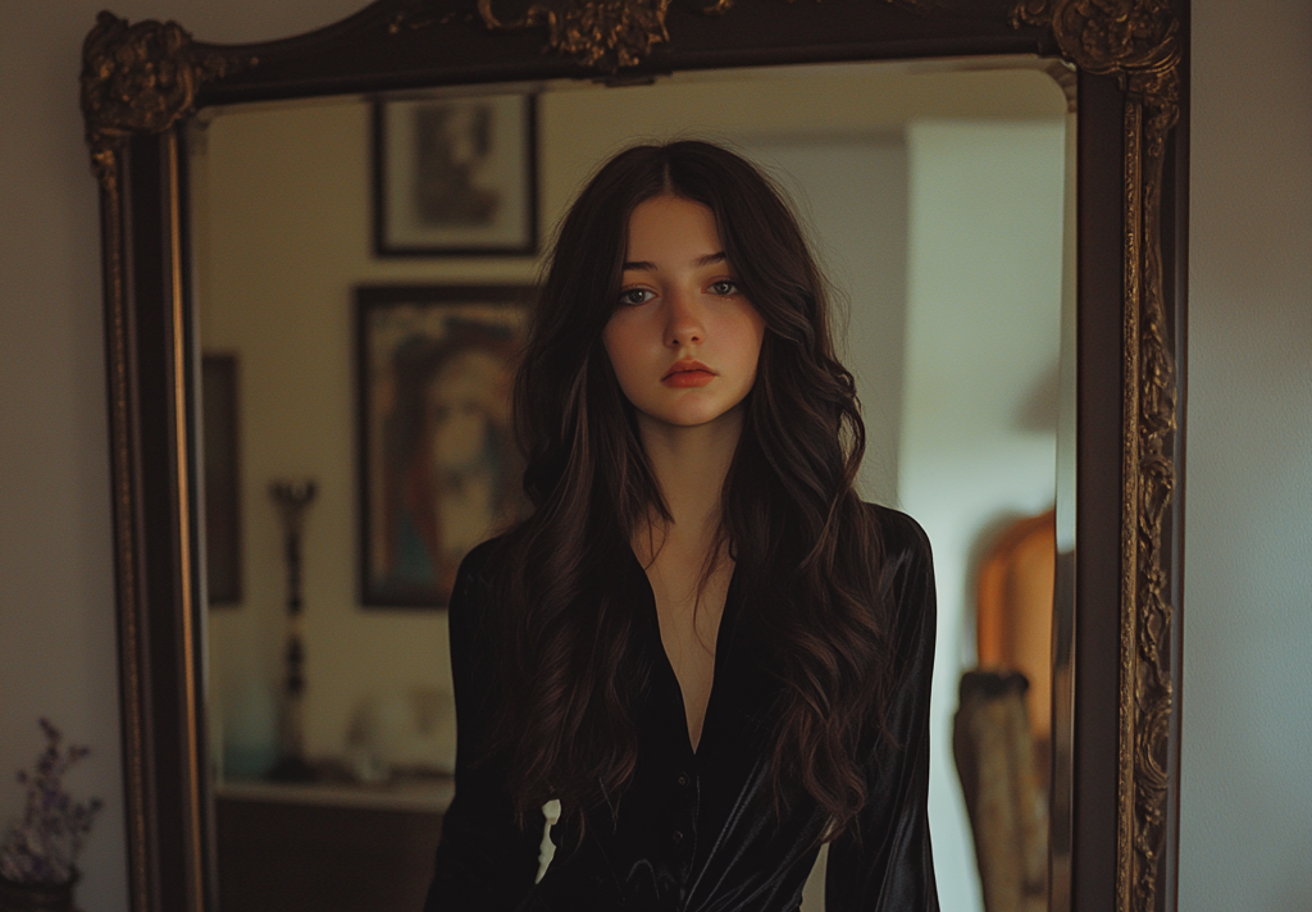 A teenage girl standing in front of a mirror | Source: Midjourney