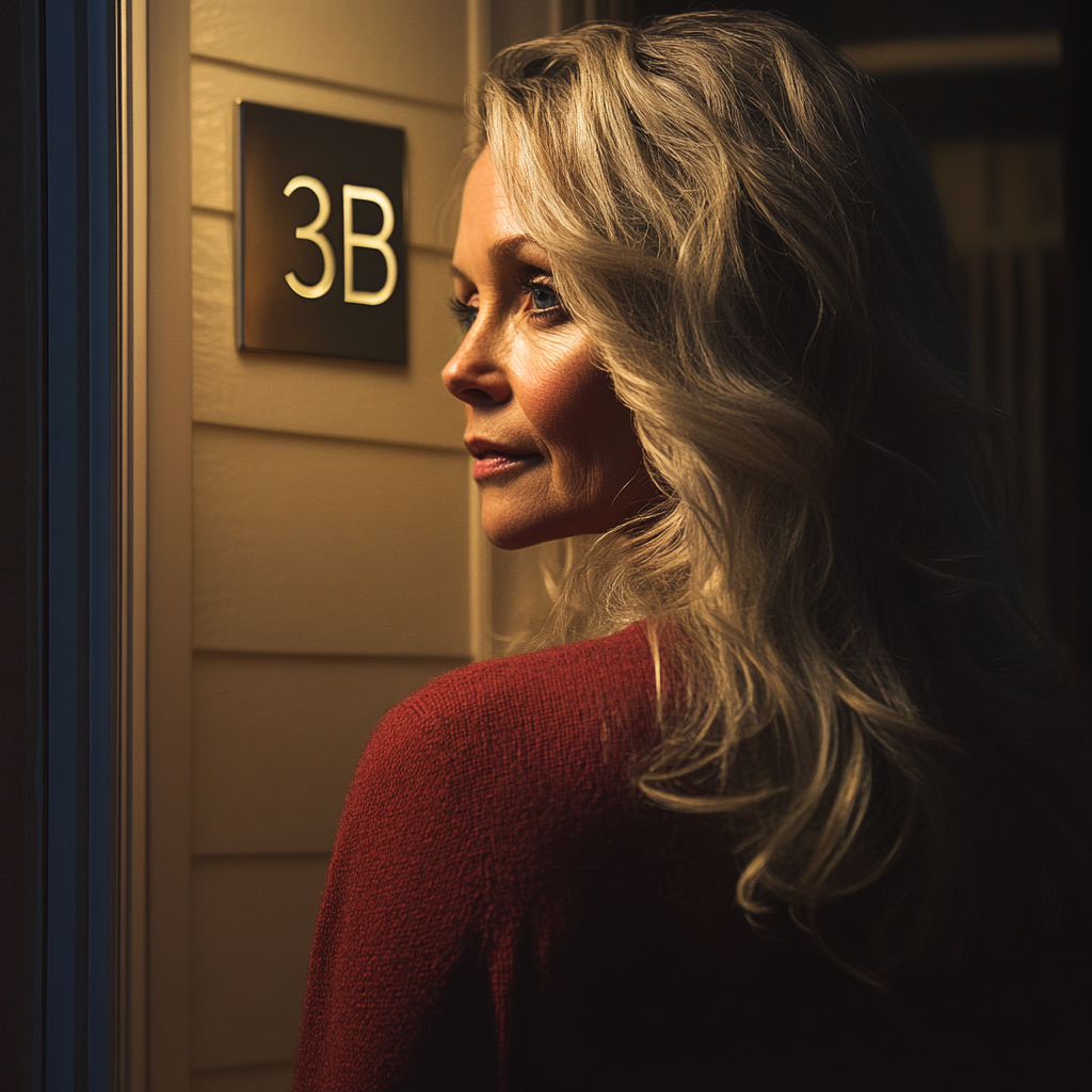 A woman standing outside an apartment | Source: Midjourney