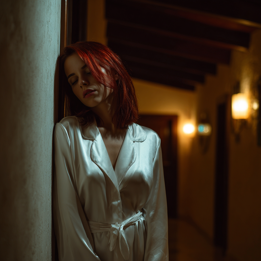 An upset woman leaning against a wall | Source: Midjourney
