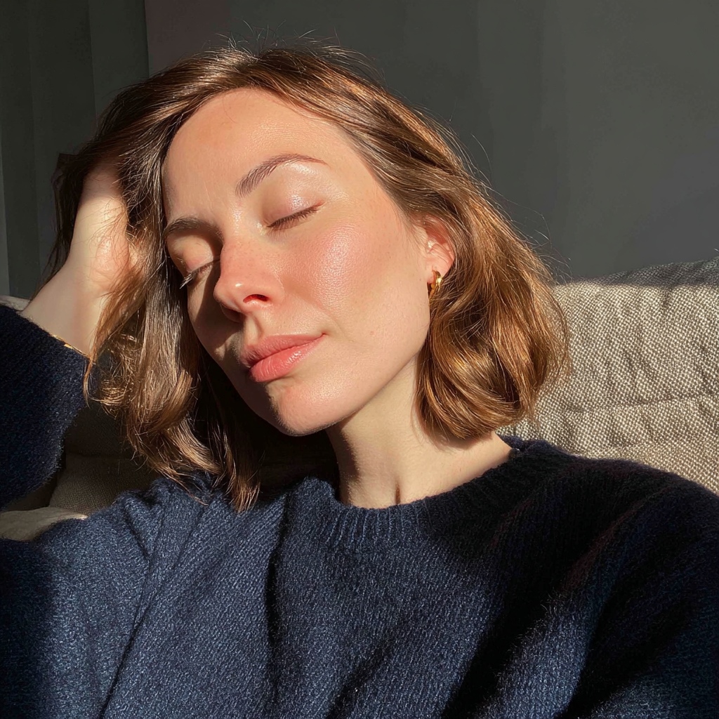 A tired woman resting on a couch | Source: Midjourney