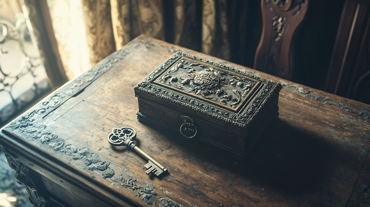 Old vintage key lying near antique jewelry box | Source: Midjourney