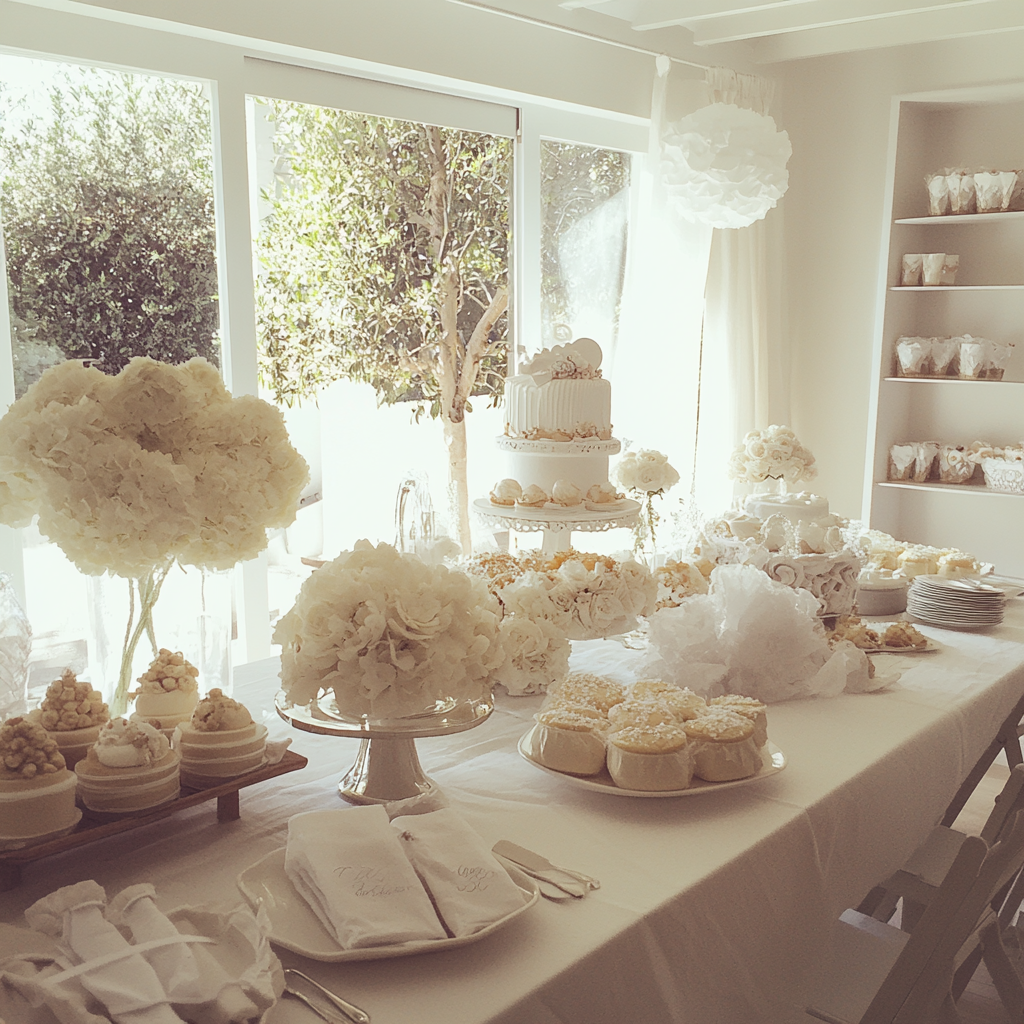 Food at a white-themed baby shower | Source: Midjourney