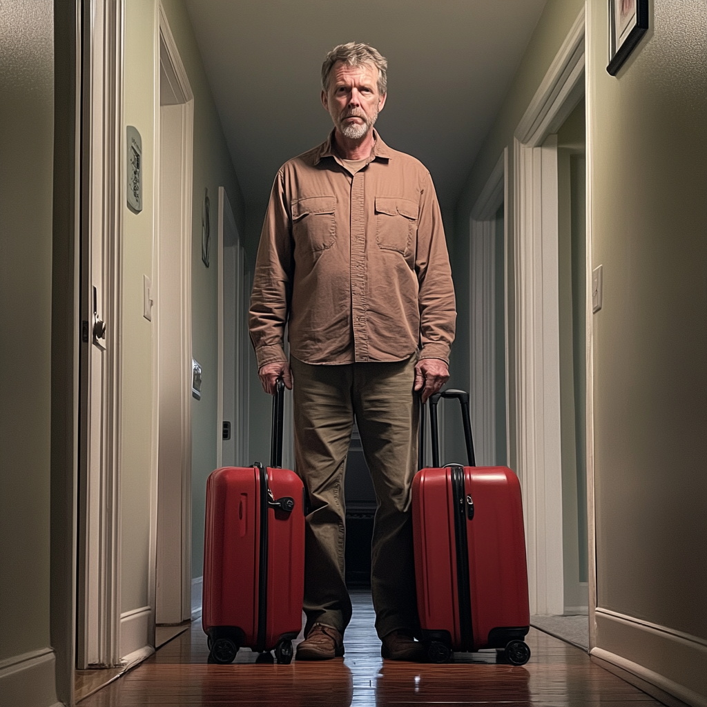 A man standing in a hallway with suitcases | Source: Midjourney